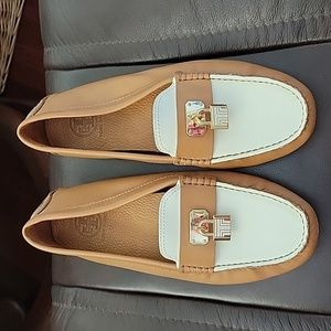 Tory Burch tan & white driving shoes lightly worn size 9 1/2